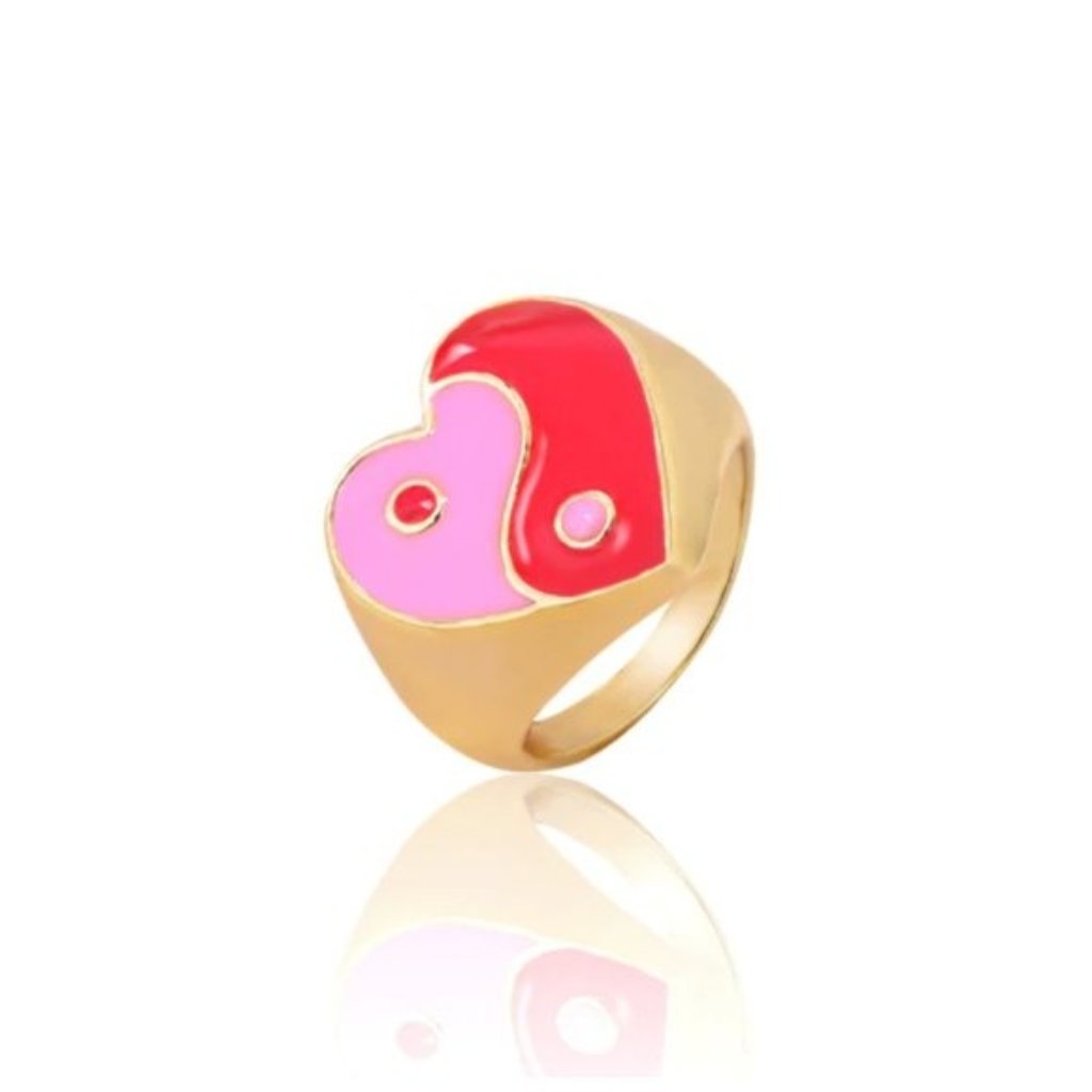 Large Pink Enamel Yin Yang Gold Statement Ring